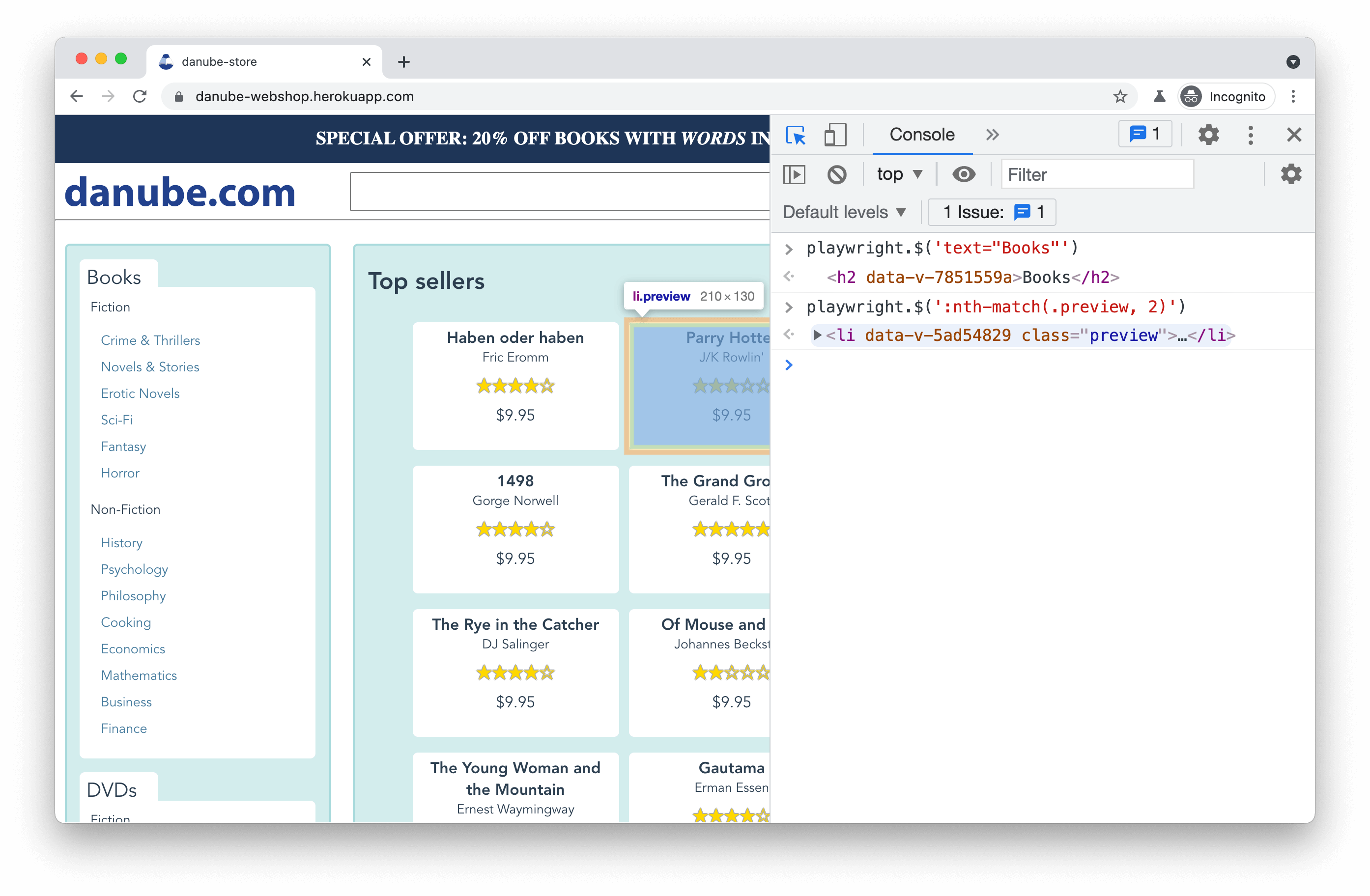 debugging playwright-specific selectors in browser console